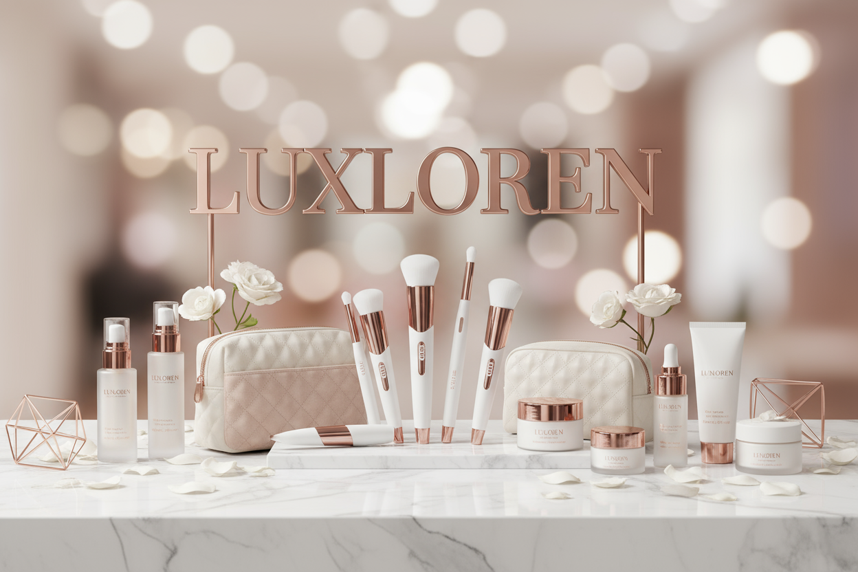 EYECATCHY IMAGES FOR LUXLOREN BEAUTY PRODUCTS, ELECTRIC MAKEUP BRUSHES, MAKEUP BAGS AND SKINCARE PRODUCTS MAKING THE NAME OF THE BRAND (LUXLOREN) VERY VISIBLE
